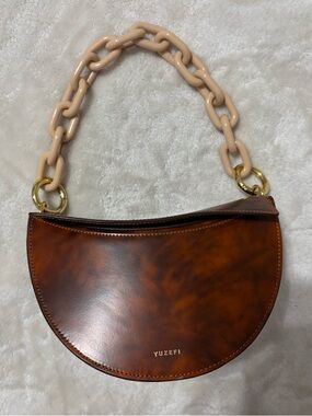 Yuzefi Brown Half-Moon Leather Shoulder Bag with Beige Chain